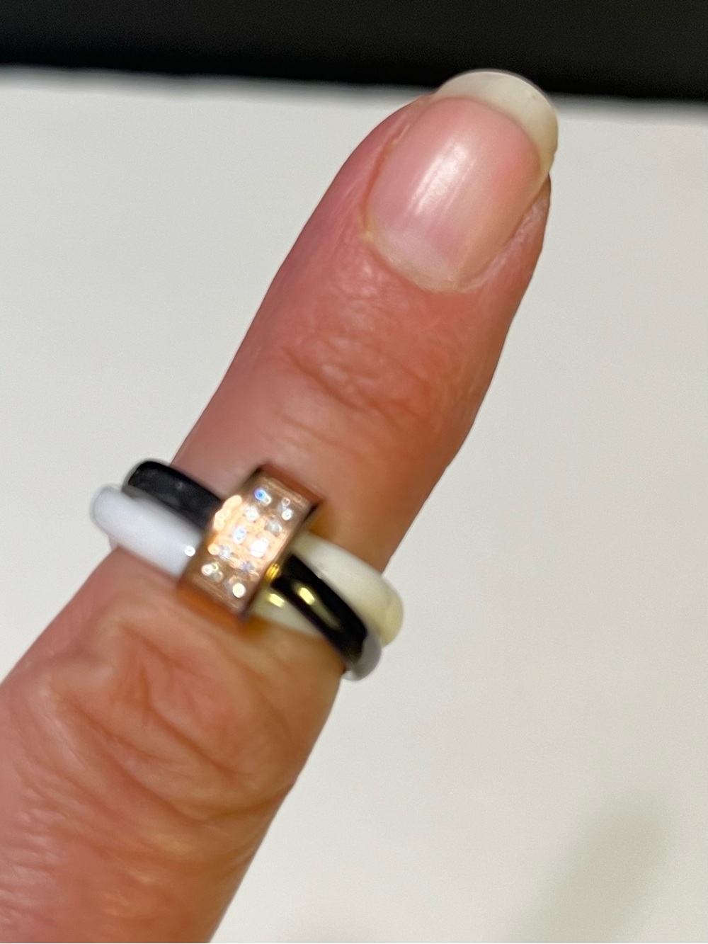 Black and White Ceramic Stack Ring with Rose Gold Accent